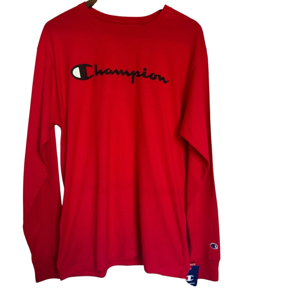 Champion Men’s Red Long Sleeve T Shirt with Prominent Logo Size Medium NWT
